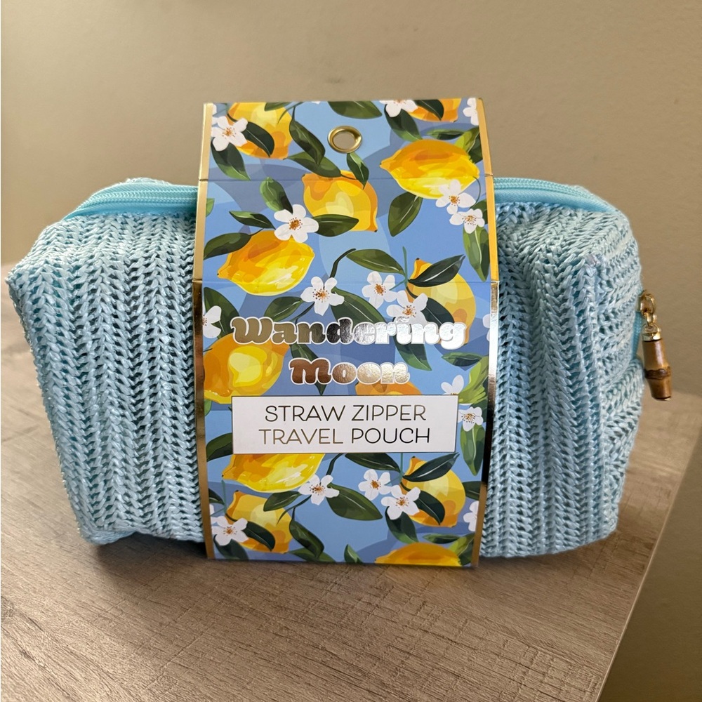Wandering Moon Straw Zipper Travel Pouch Cosmetic Case Toiletries Light Blue New